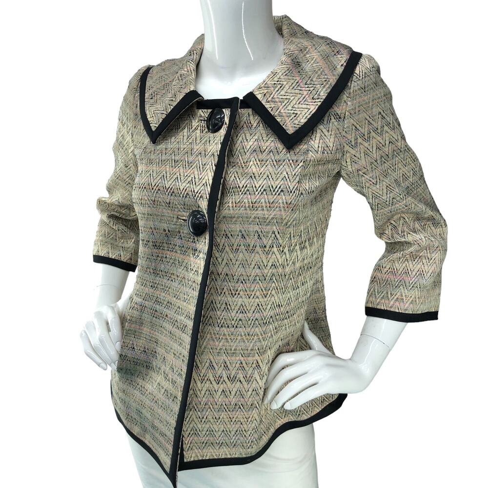 Tesori Womens Size XS Jacket 2 Button Cream & Black Collared Patterned Lined